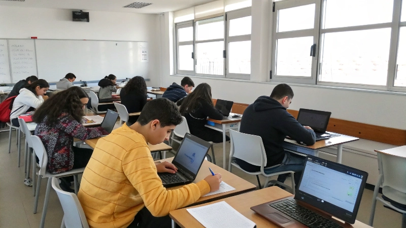 Students learning in an agricultural education classroom with modern technology and traditional farming tools