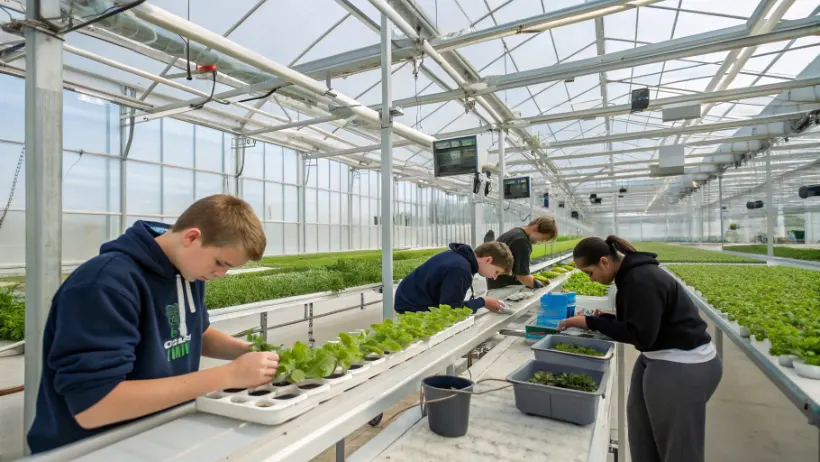 Students learning agriscience principles in modern greenhouse facility